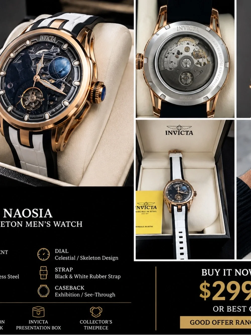 Invicta Celestial Naosia Rose Gold Tone Watch - Black & White